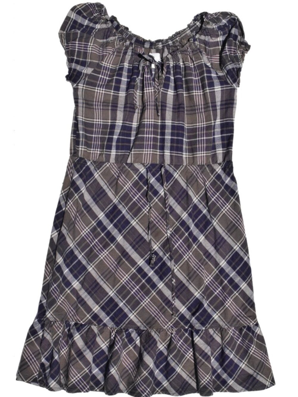 Plaid Cap Sleeve Tie Neck Ruffle Hem Mini Dress
